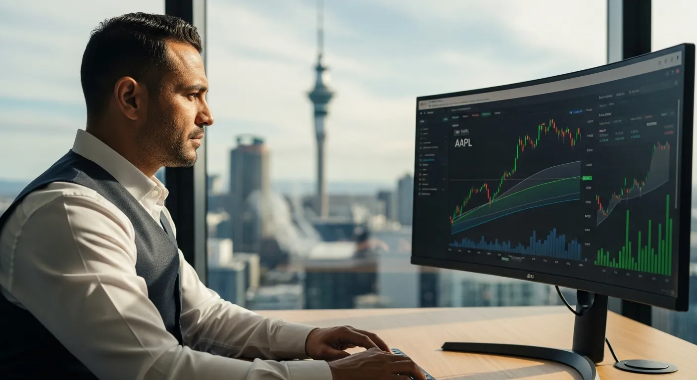 Financial analyst reviewing Apple stock performance charts in a modern Auckland office.