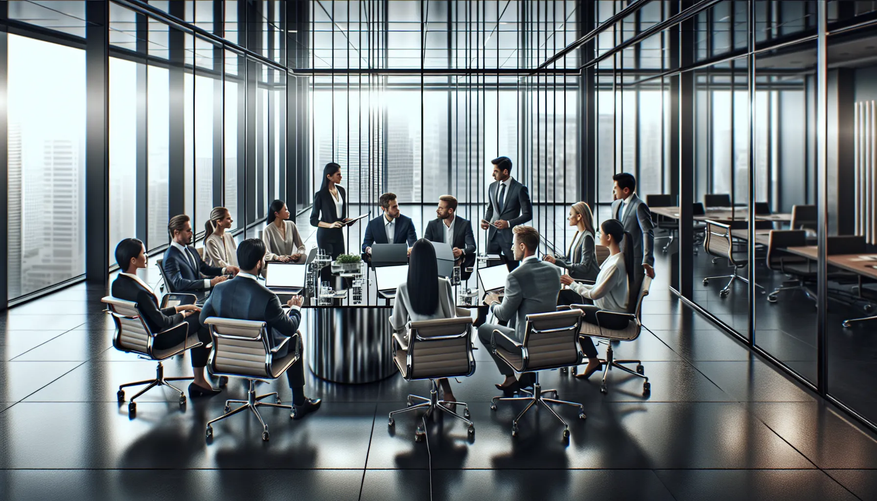 diverse professionals collaborating in a modern office with Lenovo devices.