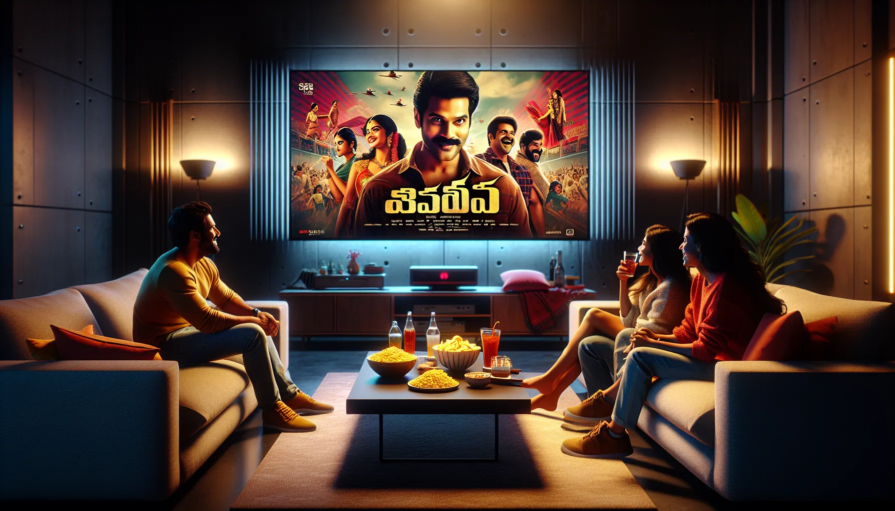 friends enjoying a Telugu movie in a modern living room.