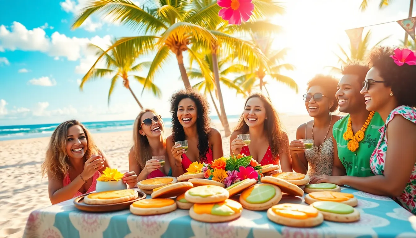 friends enjoying tropical cookies at a beach-themed gathering.