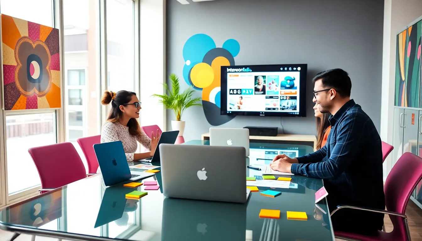 diverse team collaborating on blog content in a modern office setting.