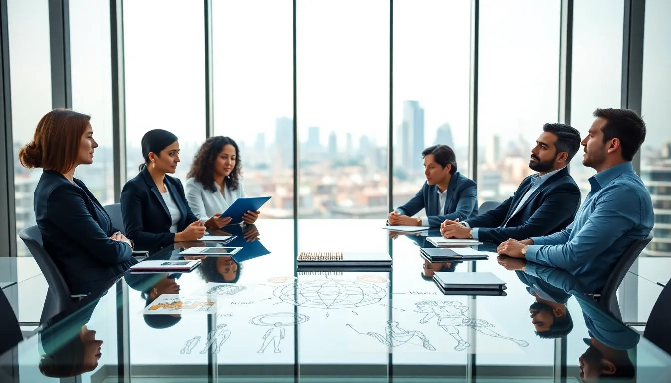 diverse professionals discussing concepts in a modern conference room.