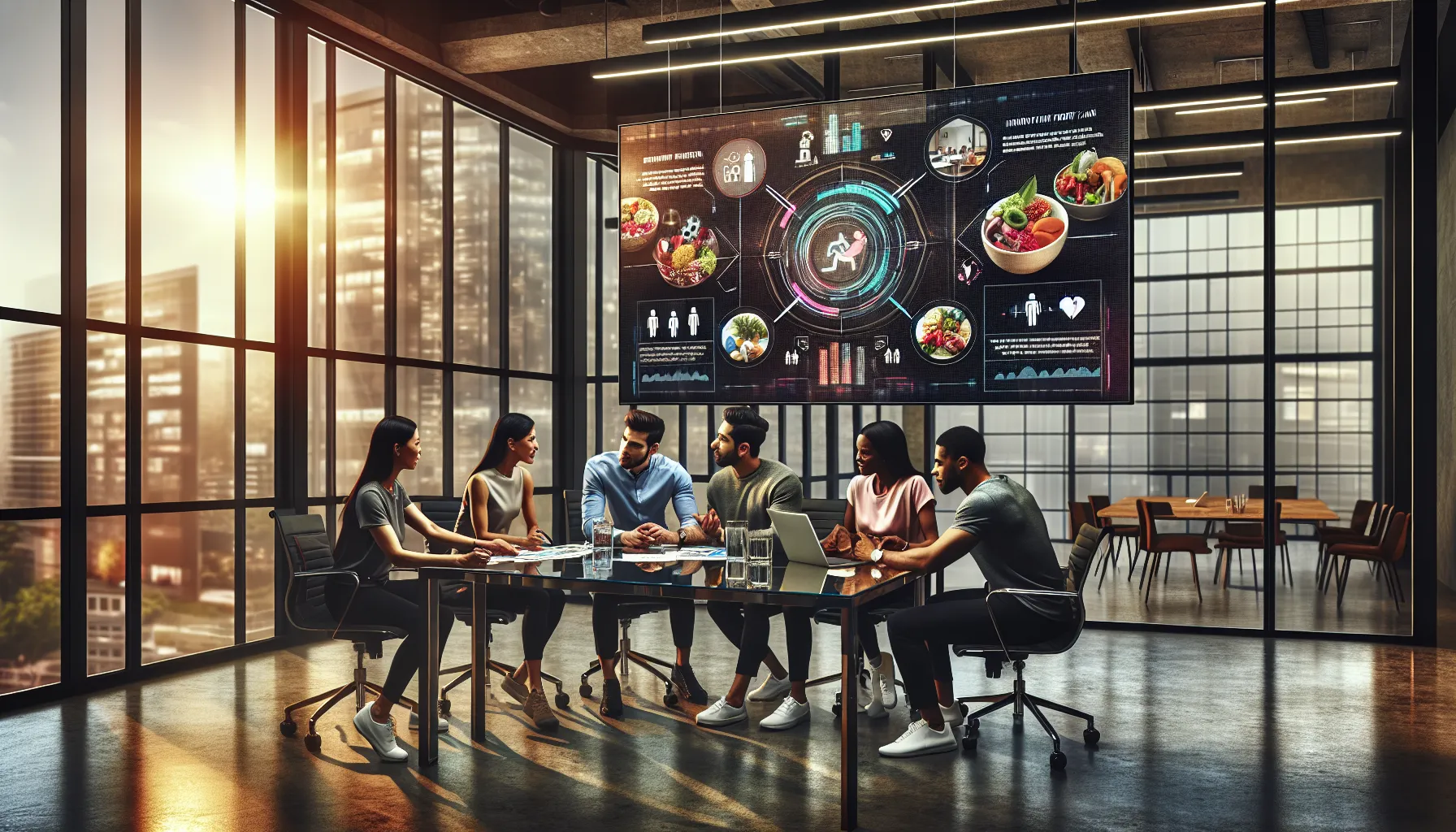 diverse BeFitNatic team discussing future goals in a modern office.