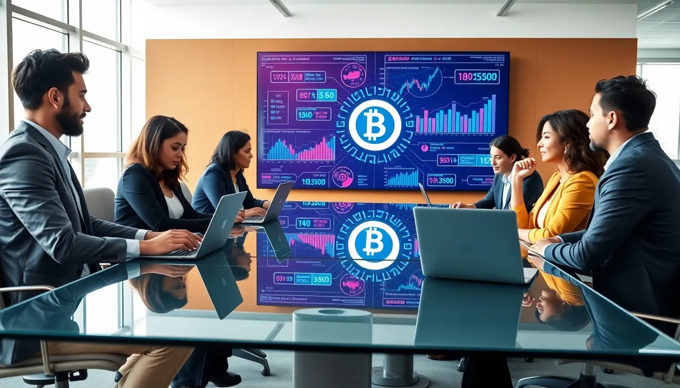 diverse team discussing Bitclassic Coin in a modern office.