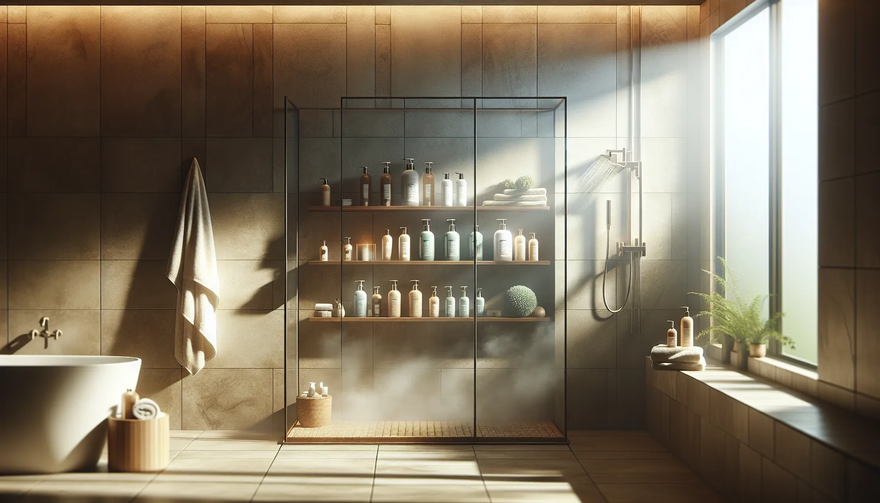 modern bathroom with shampoo and conditioner bottles on display.