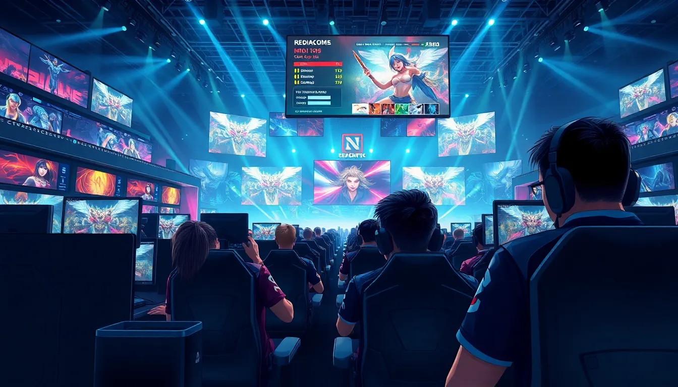 diverse esports team competing in a modern gaming arena.