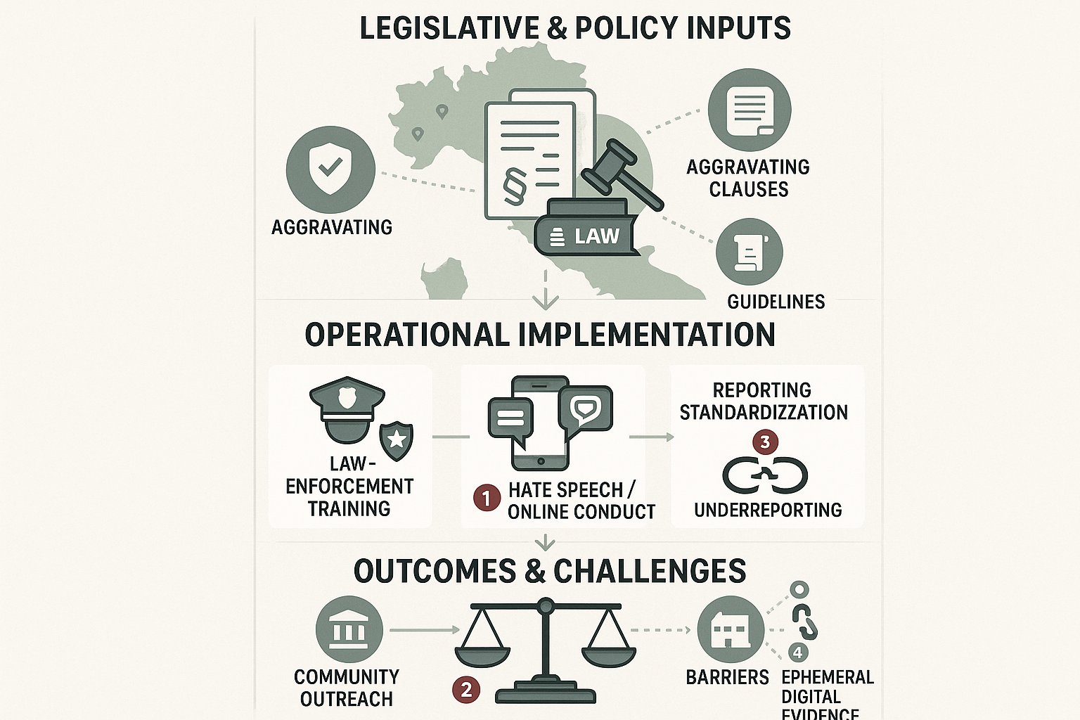 Infografica a strati che mostra le leggi sui crimini d'odio dell'Italia, la pratica e le sfide.