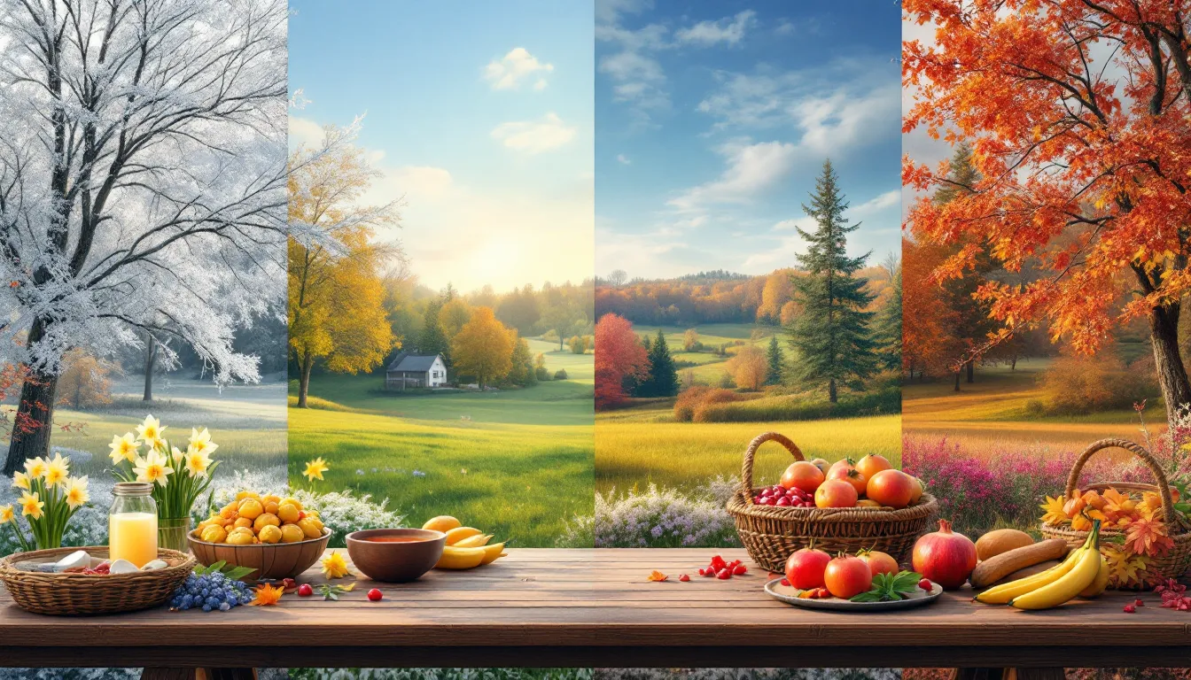 Seasonal landscape transitioning through six seasons with Ayurvedic foods on a wooden table.