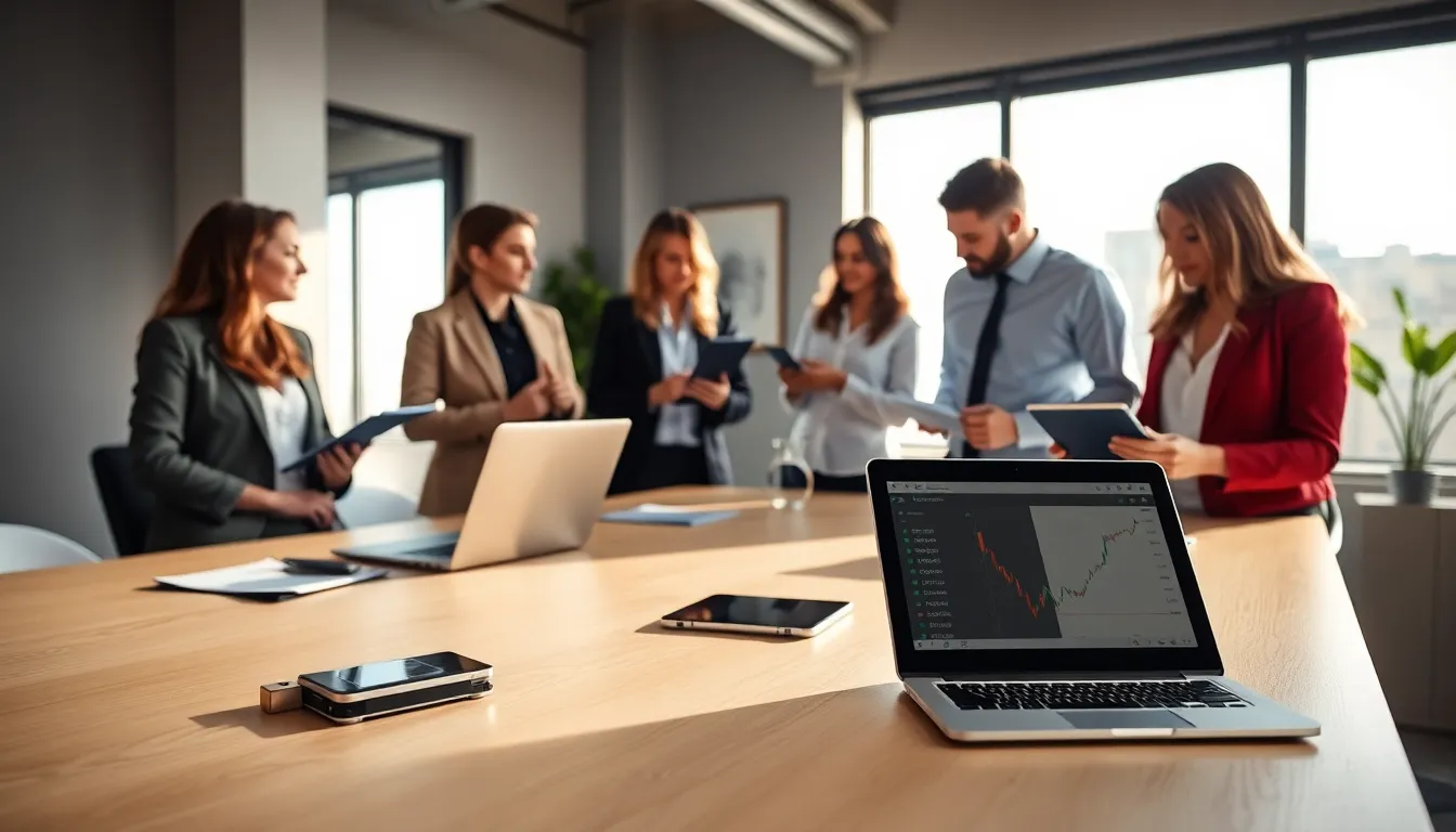 diverse professionals discussing altcoin wallets in a modern office.