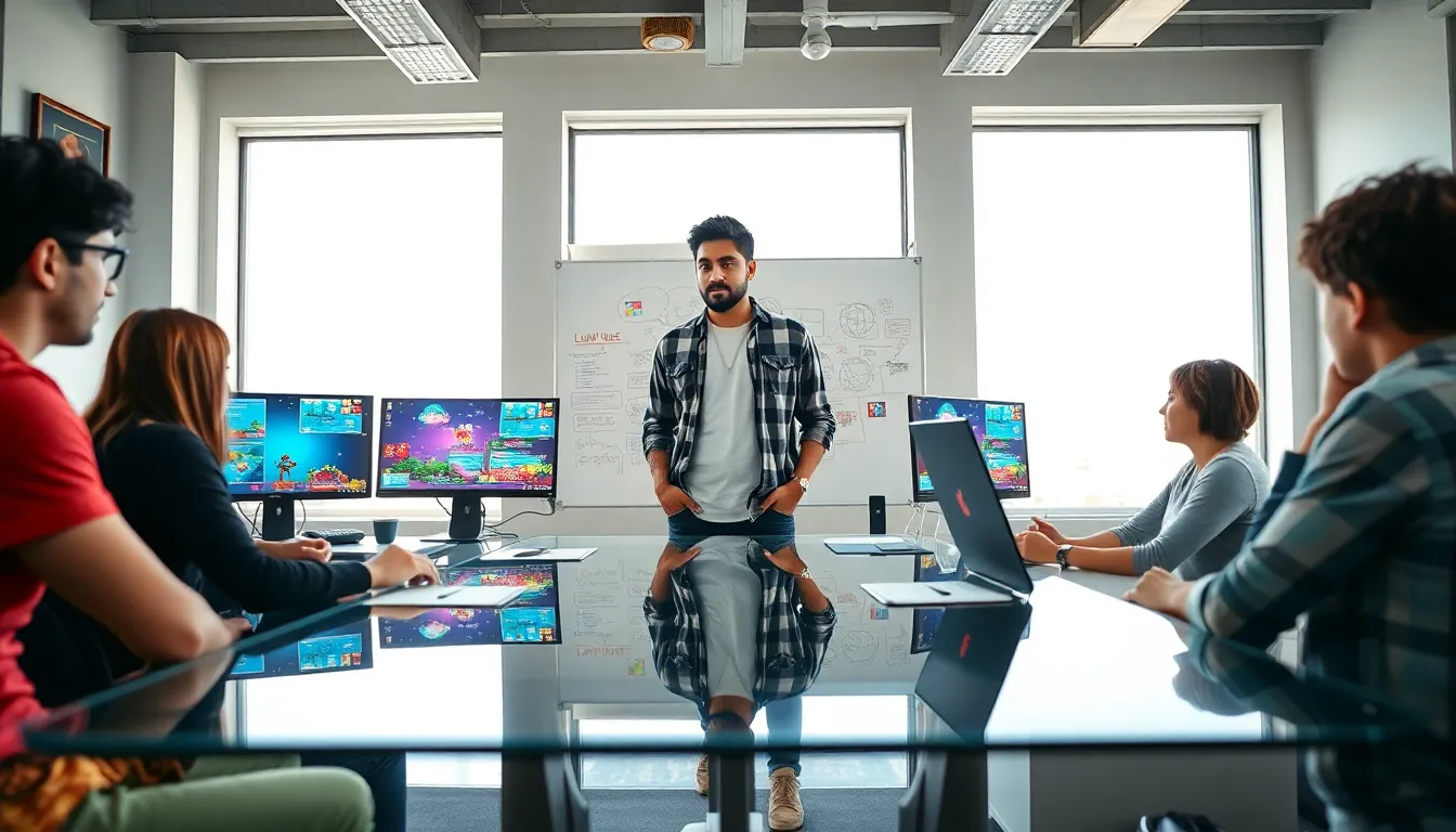 diverse gaming team collaborating in a modern office.