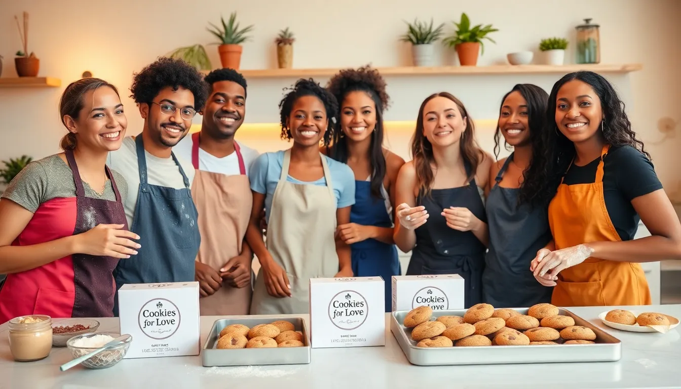 diverse group baking cookies together in a bright kitchen.