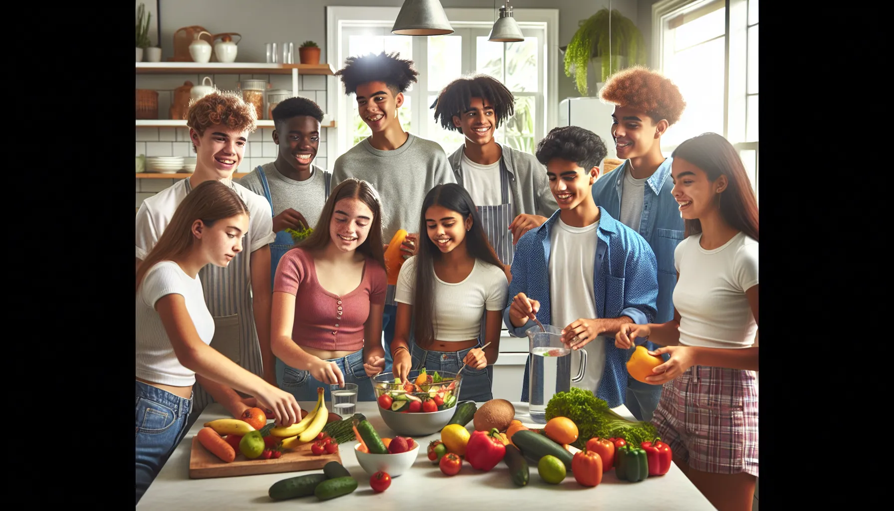 teenagers preparing a healthy meal in a bright kitchen.