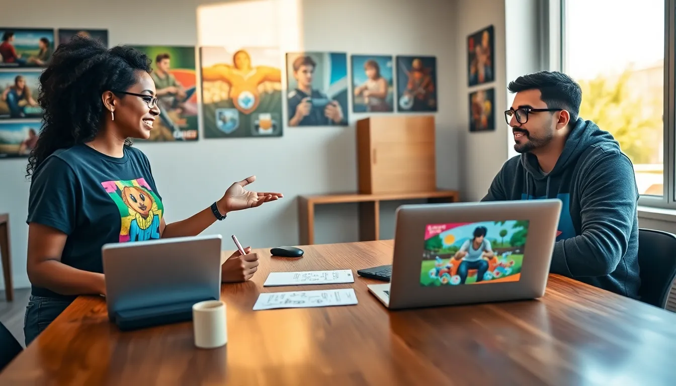 diverse game developers brainstorming in a bright, modern office.