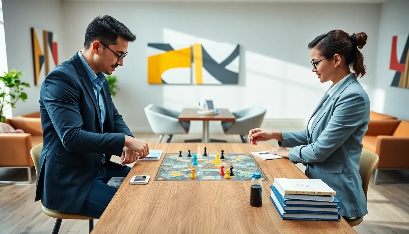 two players focused on a strategy board game in a modern office.