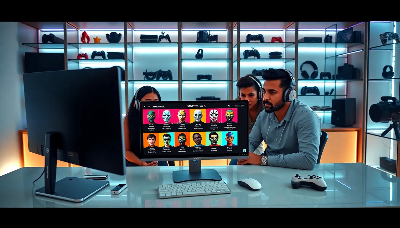 diverse gamers in a modern office exploring Skyrim face mask mods.