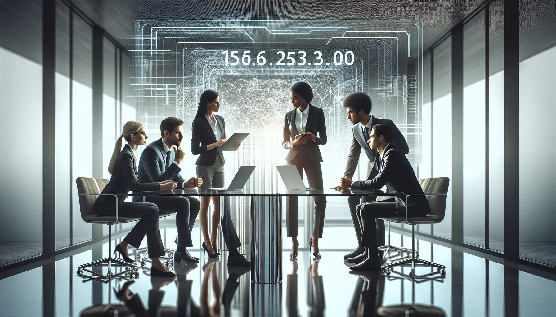 diverse team discussing IP address configuration in a modern office.