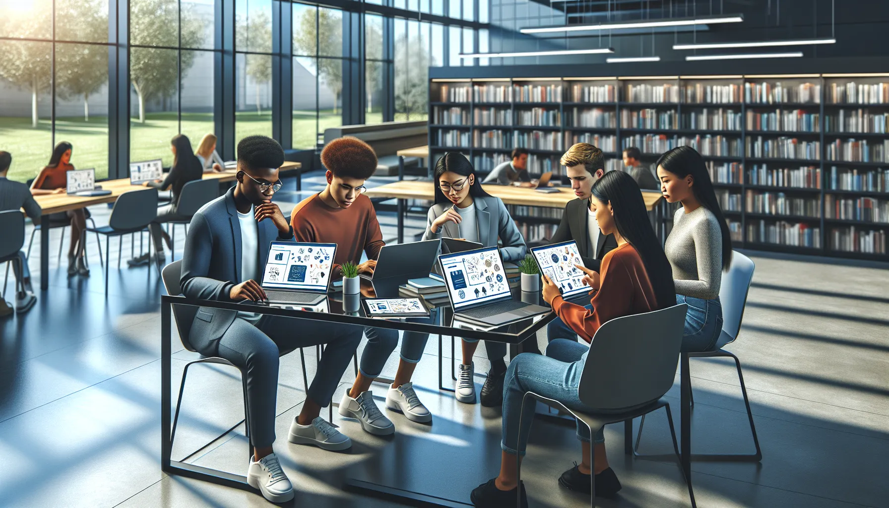 diverse students collaborating in a modern study environment.