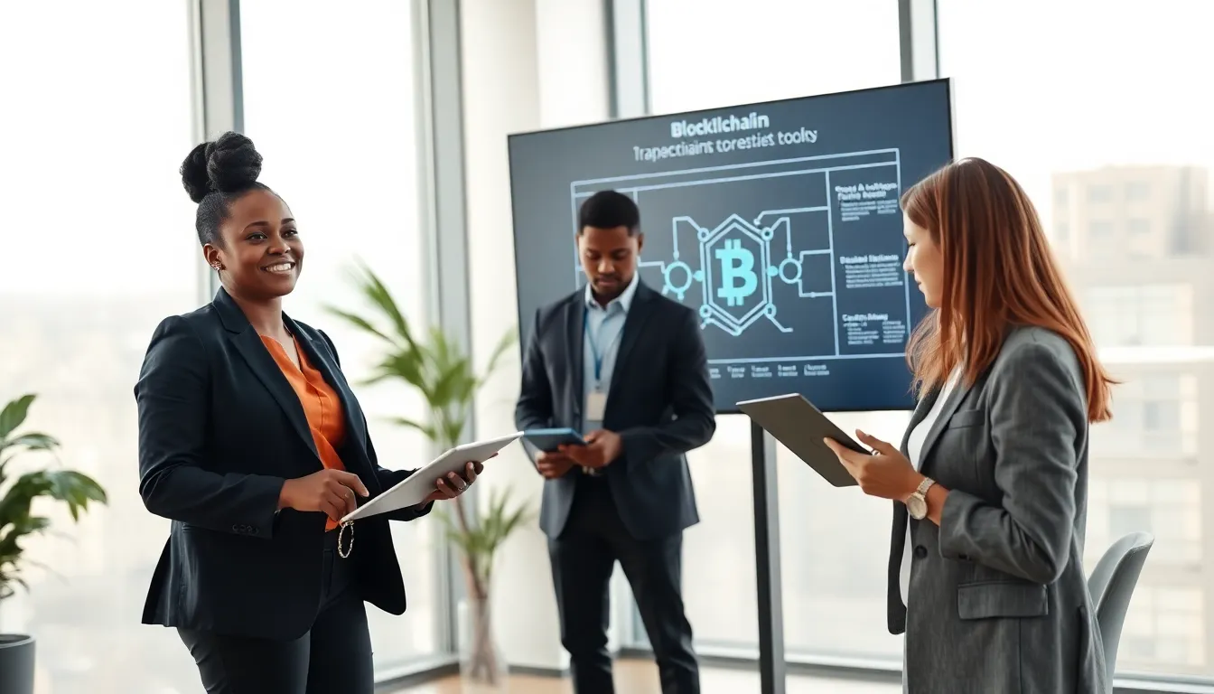 professionals discussing blockchain technology in a modern office.