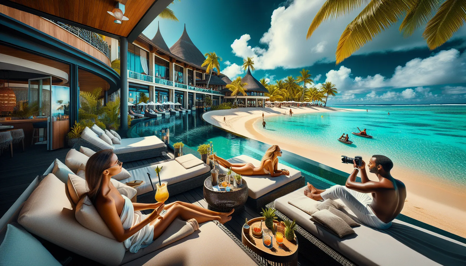 luxurious beachfront resort in Mauritius with diverse travelers.