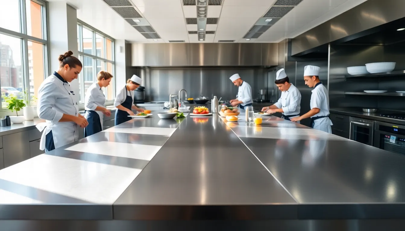 Chefs working in a clean commercial kitchen with stainless steel benches.