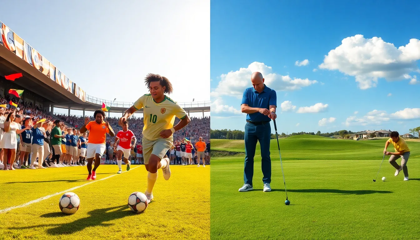 a split scene showing a football match and a golfer on a green course.