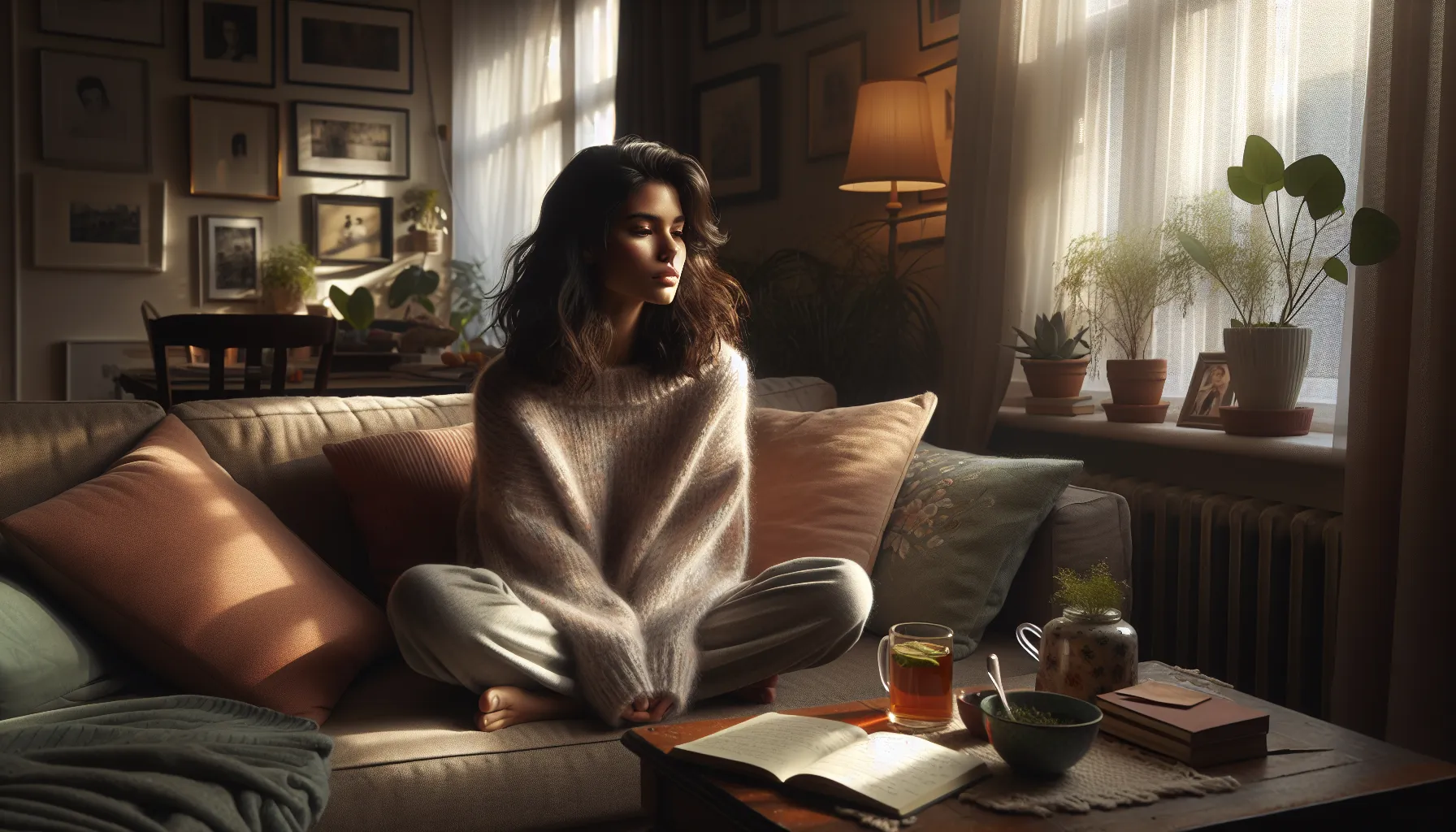 A woman contemplating in a cozy living room, emphasizing personal struggles.