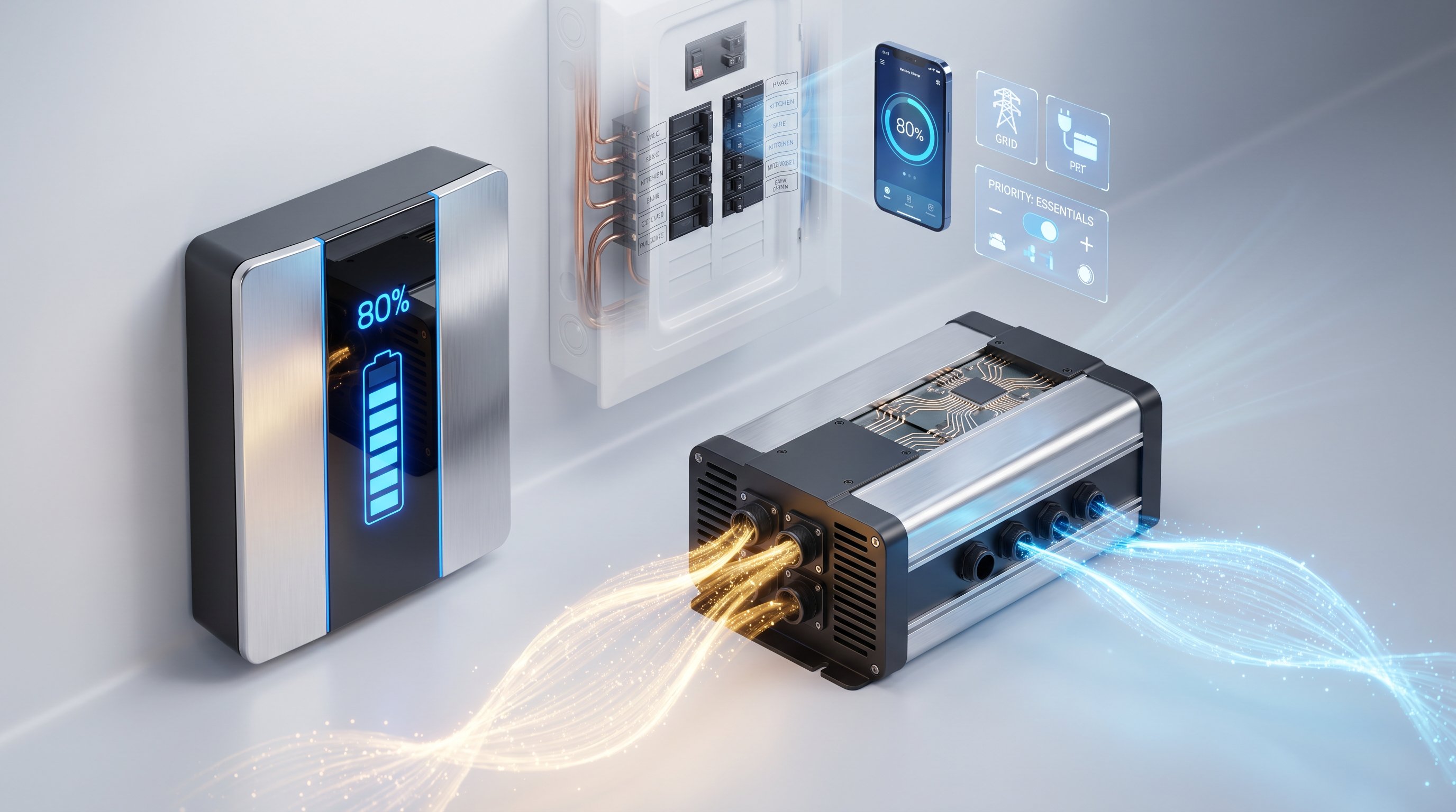 3D render of home battery backup system with inverter and energy flow visualization