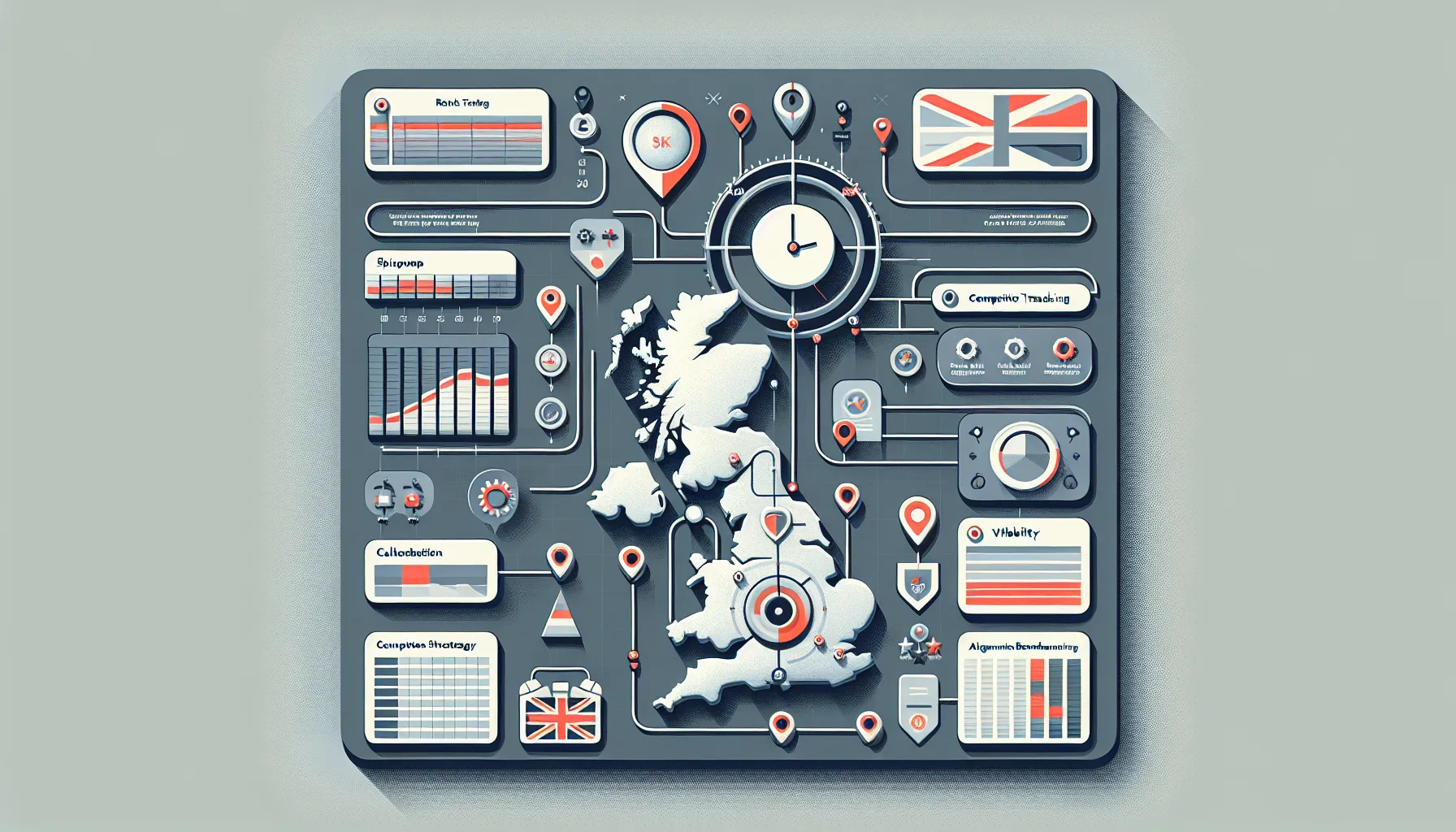 UK infographic showing SEO rankings tool features, data cadence, and use cases.