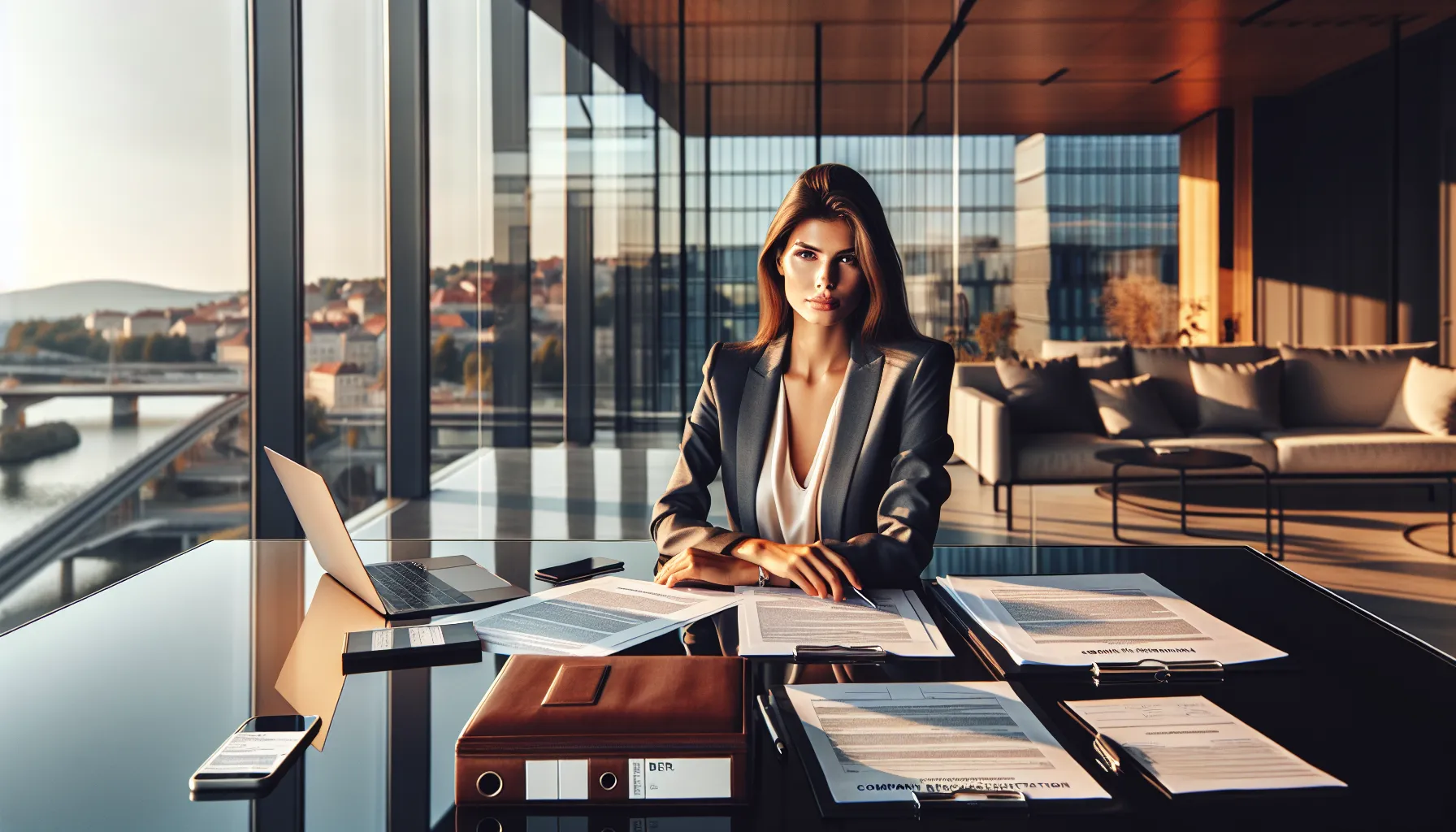 Croatian businesswoman reviewing company formation documents in modern office setting