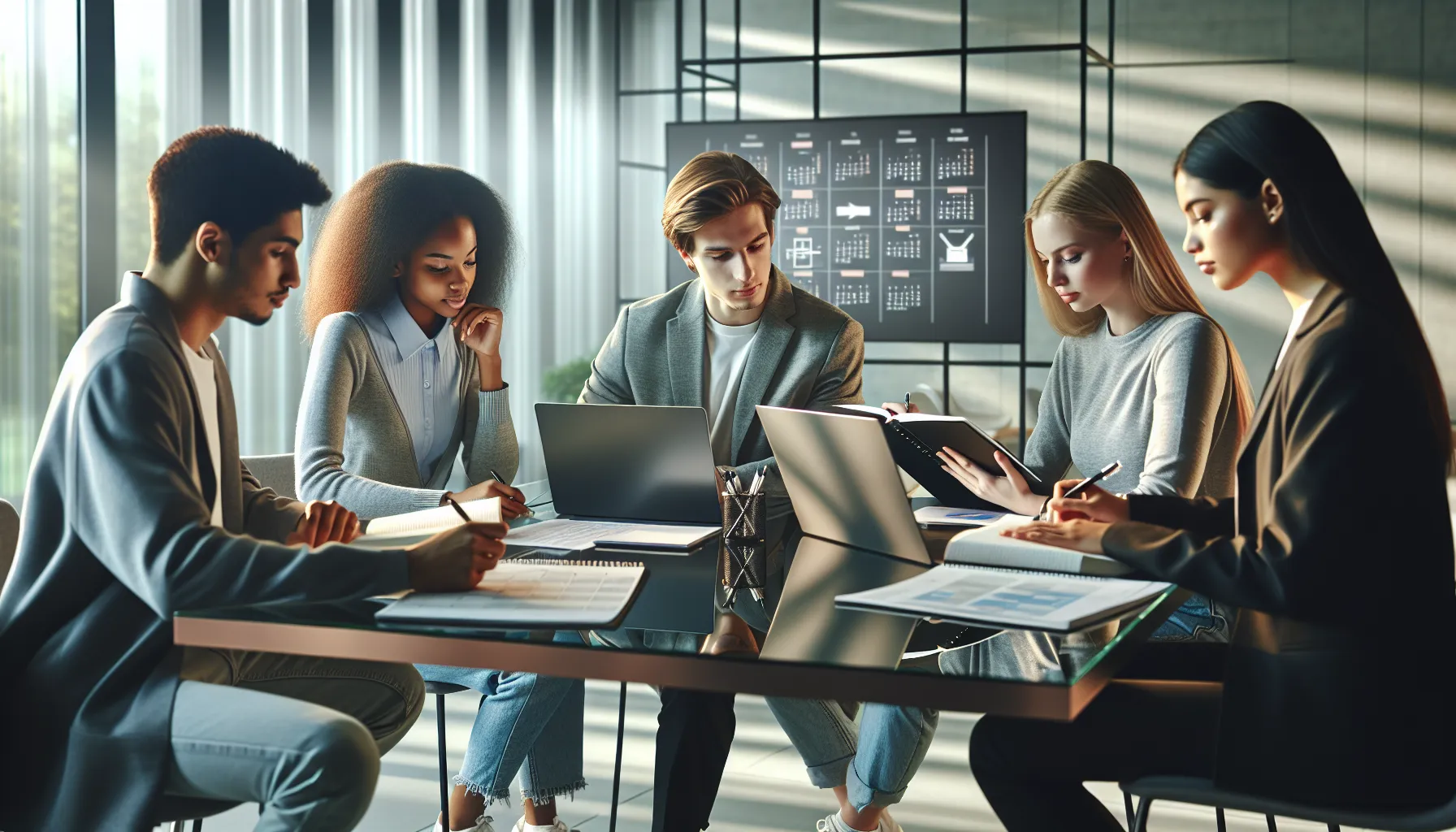 diverse students collaborating in a modern study space.