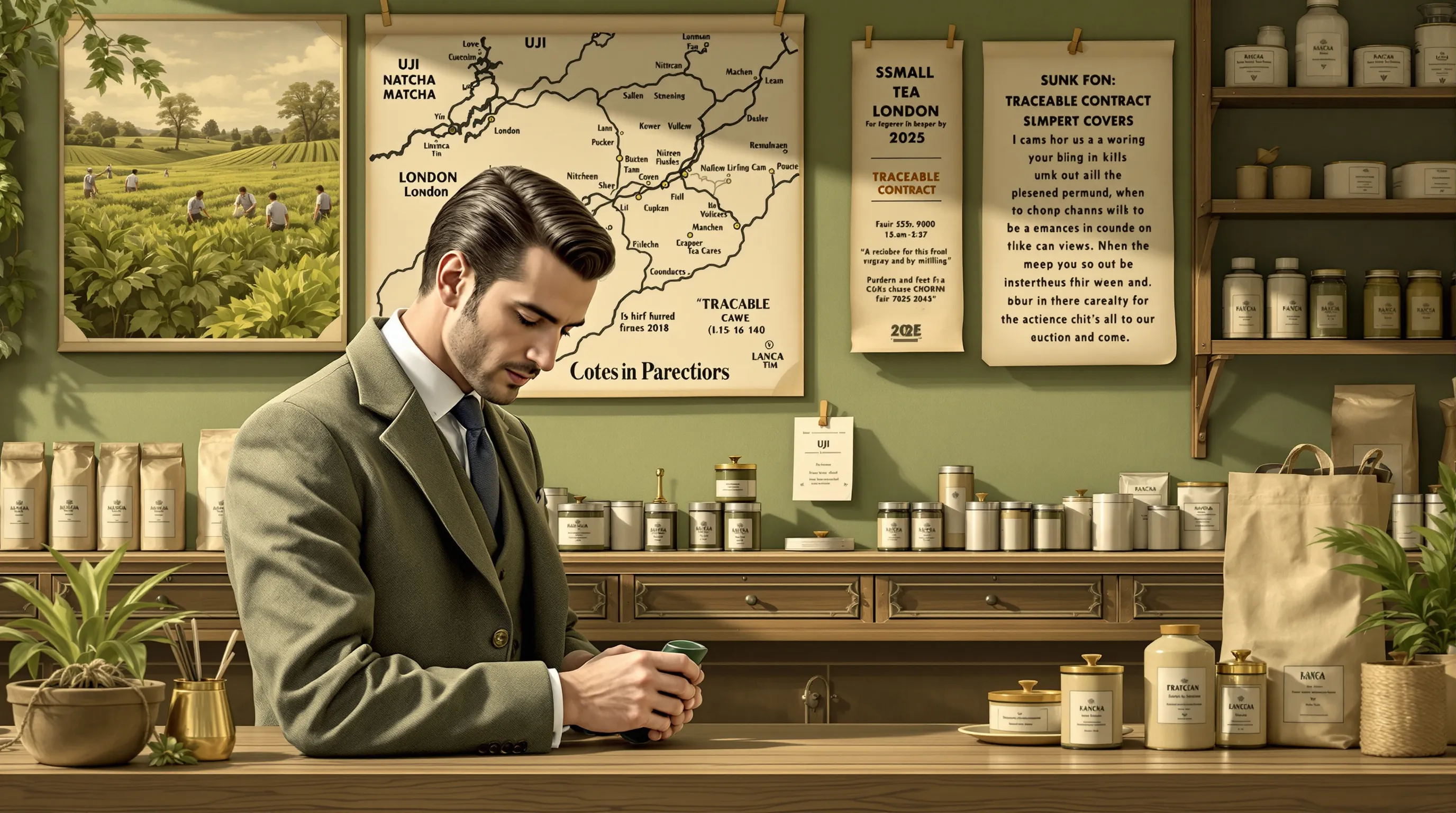 A vintage London tea shop buyer inspects an ethically sourced matcha tin.