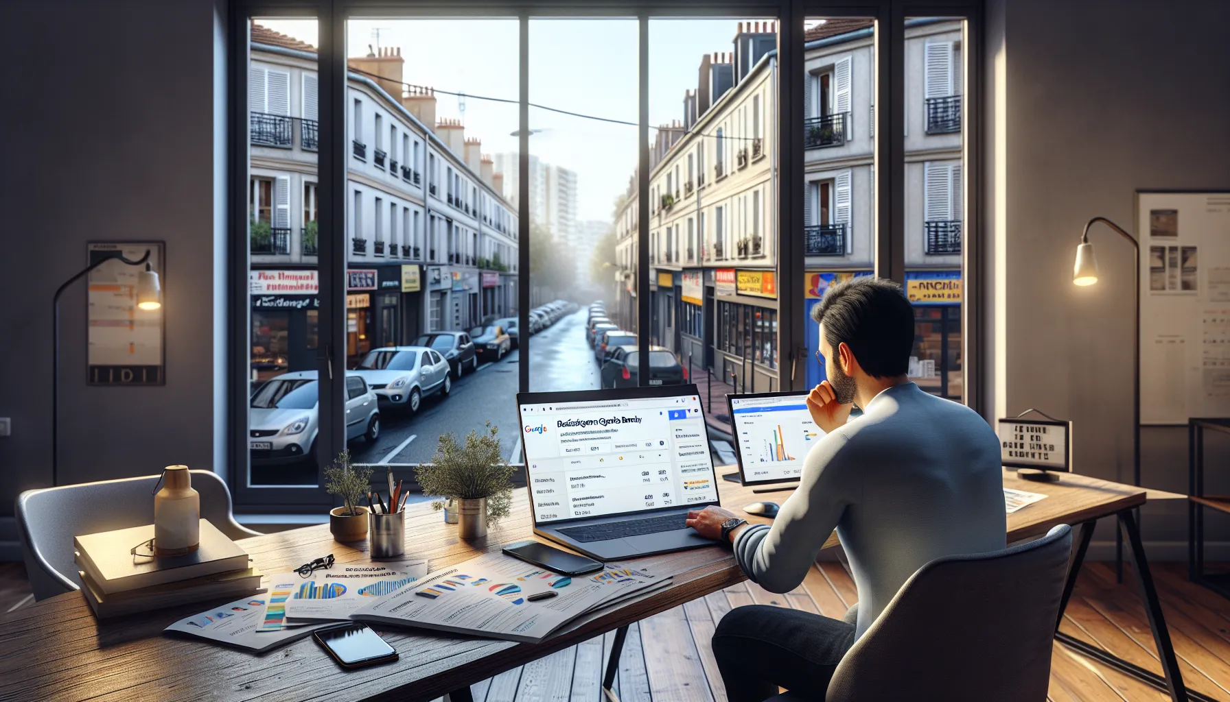 Local business owner in Bondy analyzing Google search results for local SEO opportunities.