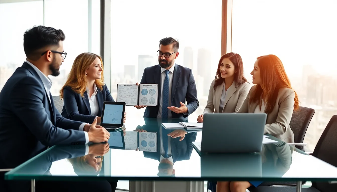 diverse professionals discussing tax laws in a modern office.