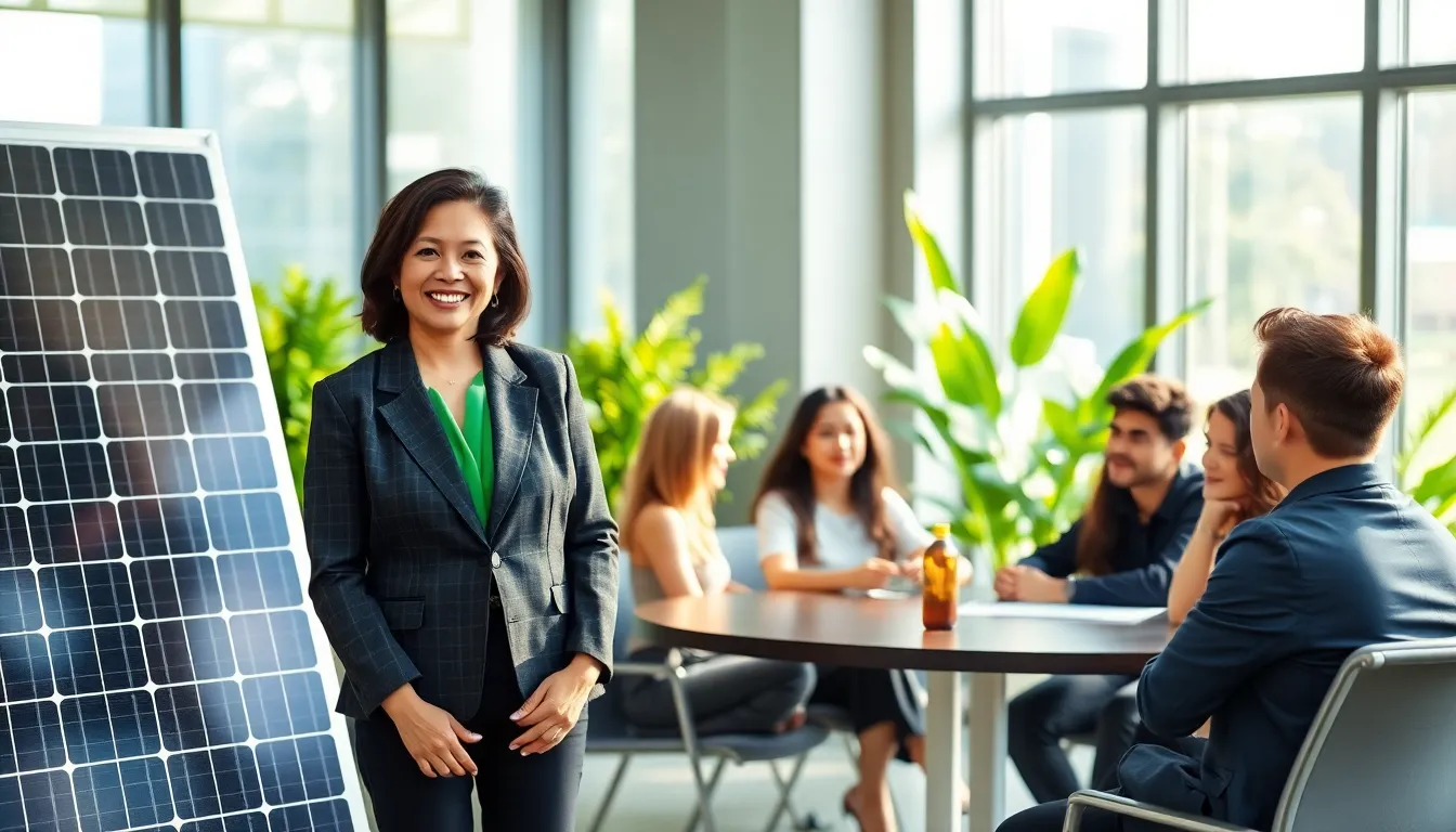 Naomi Bennett leading a team discussion in a modern office with solar panels.