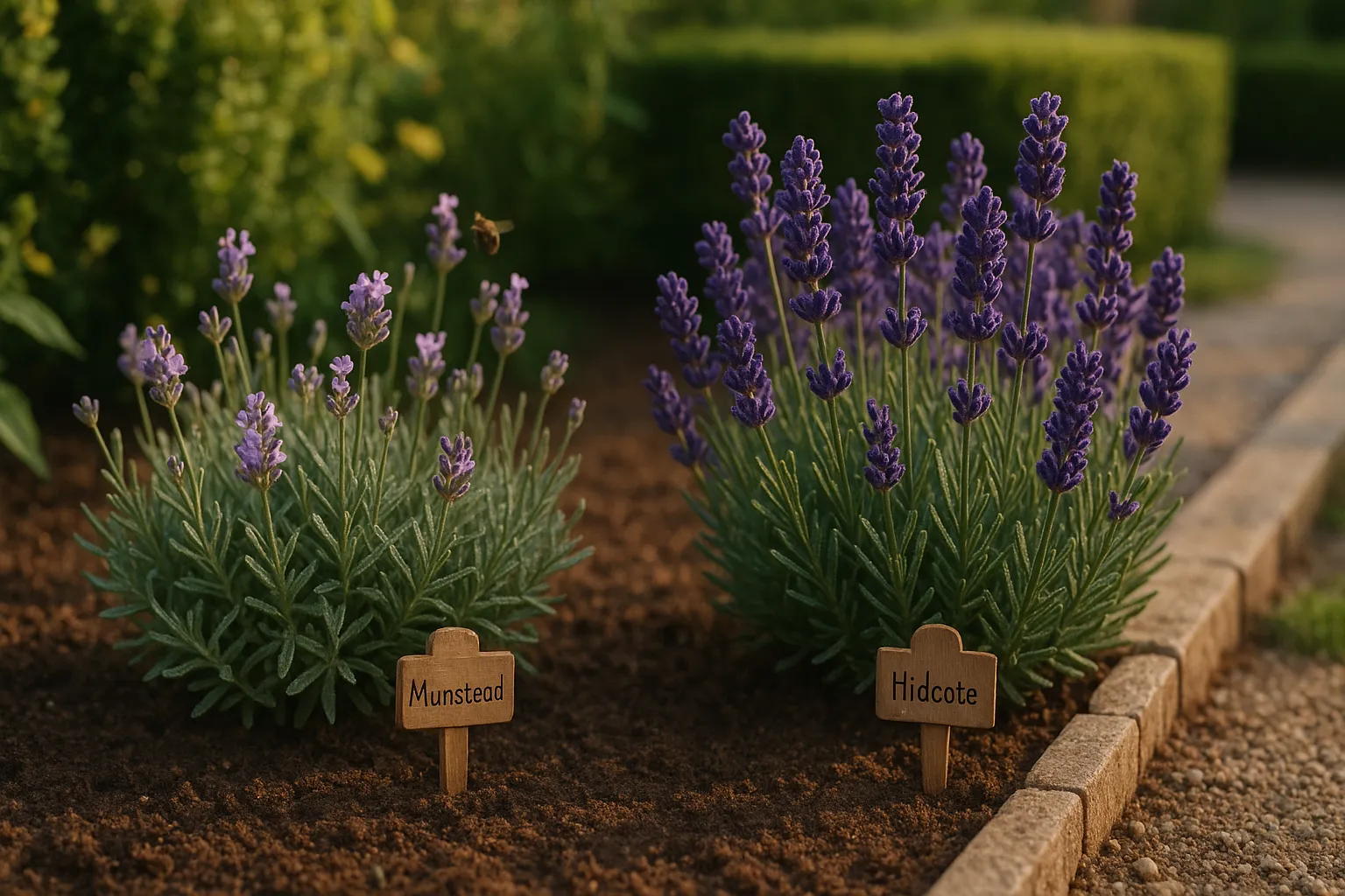 Side-by-side Munstead (soft lilac) and Hidcote (deep violet) lavender plants.