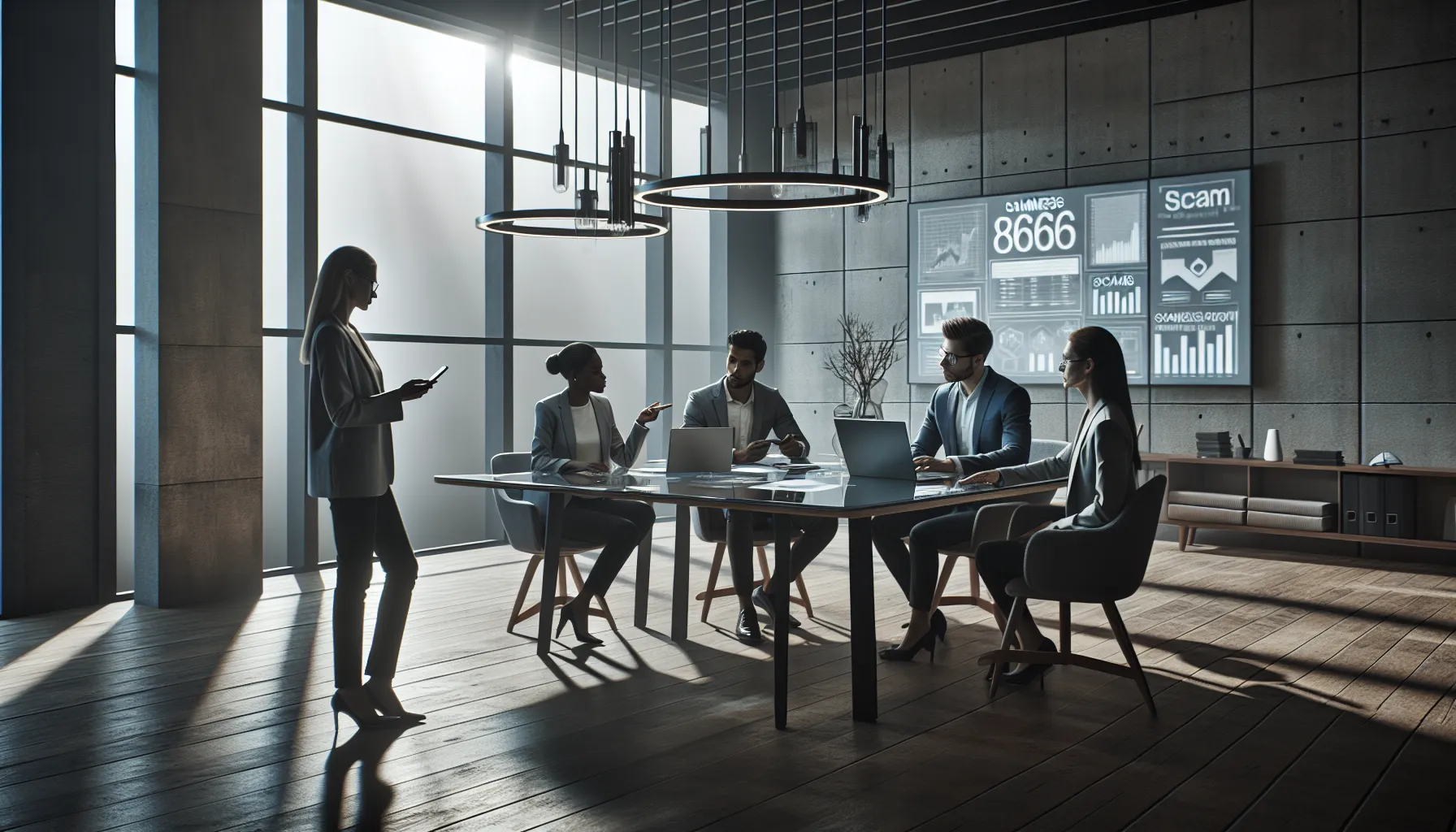 team discussing potential scams in a bright modern office.