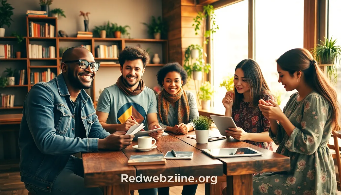 group of diverse young adults brainstorming in a cozy café.