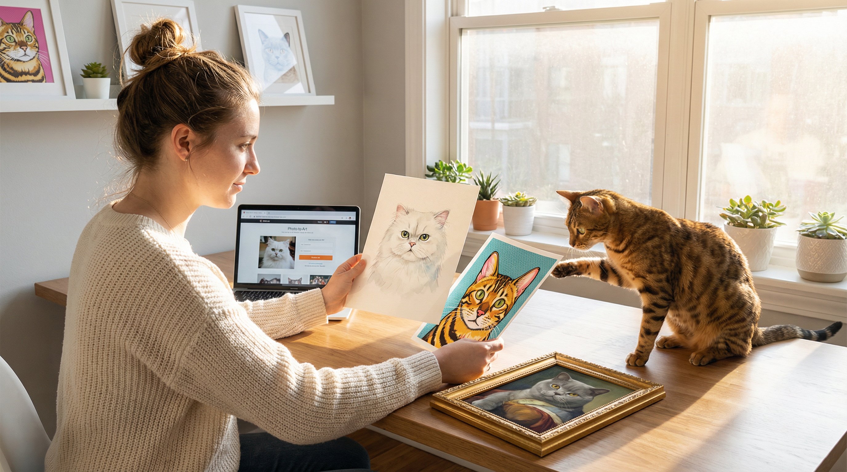 Woman comparing different cat portrait art styles with her Bengal cat nearby.
