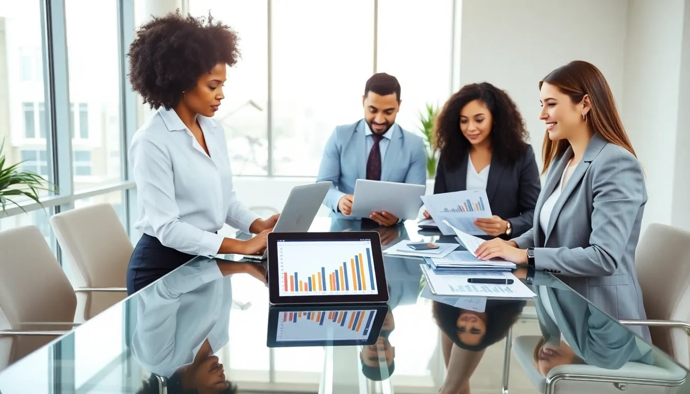 diverse team of analysts working on investment fund accounting in modern office.