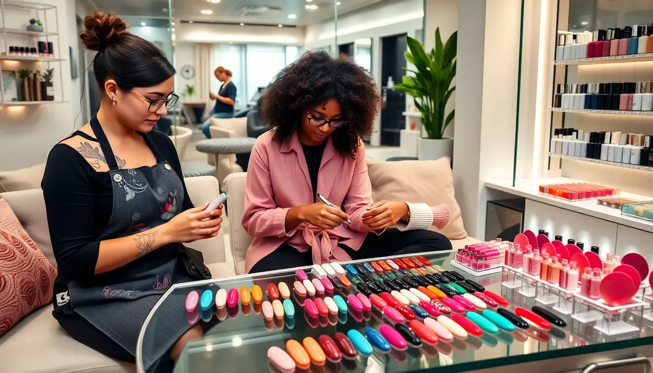 diverse nail artists applying trendy nail colors in a modern salon.