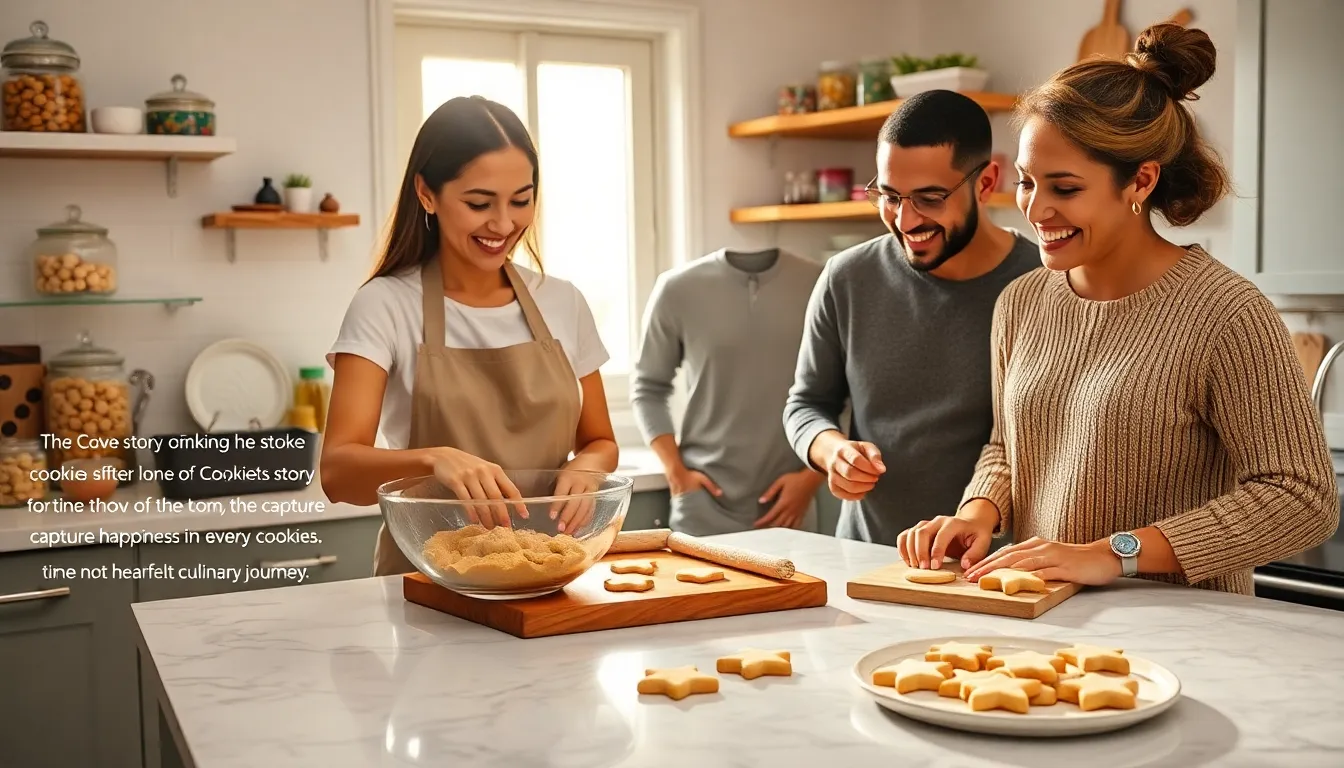 diverse group baking cookies in a warm kitchen setting.