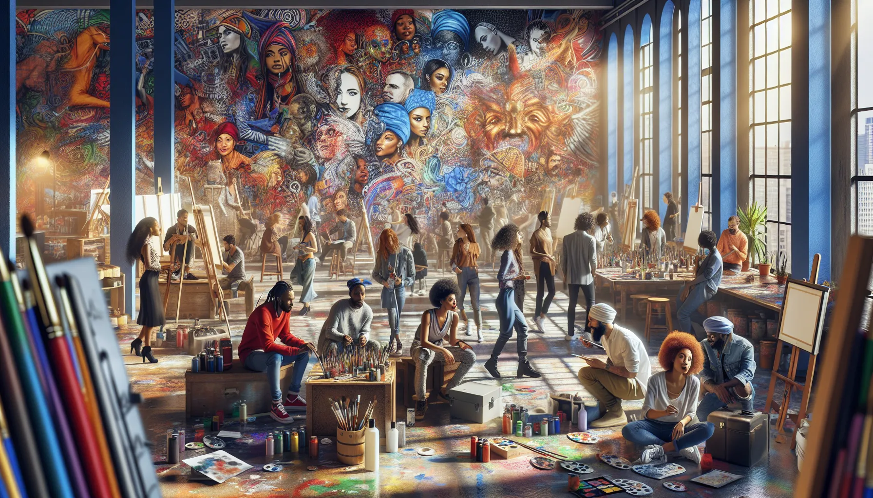 diverse artists collaborating in a colorful urban art studio.