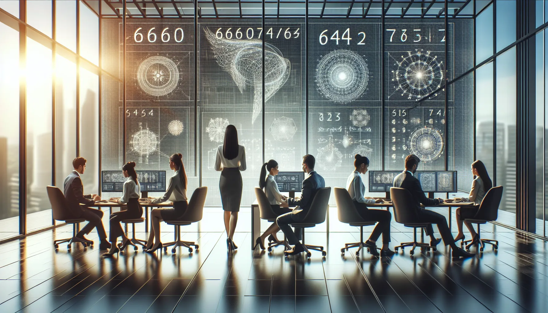 diverse professionals discussing complex number sequences in a modern office.