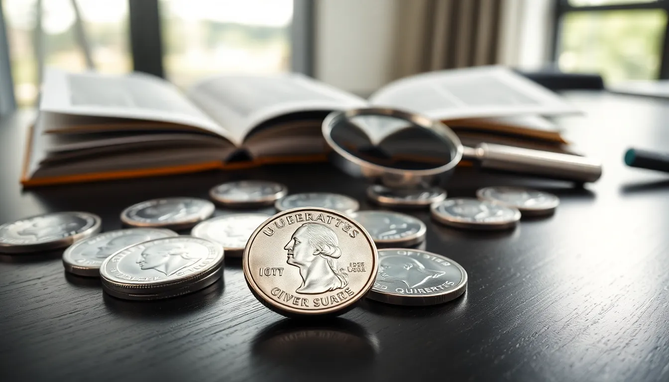 variety of modern U.S. quarters with unique state designs on a table.