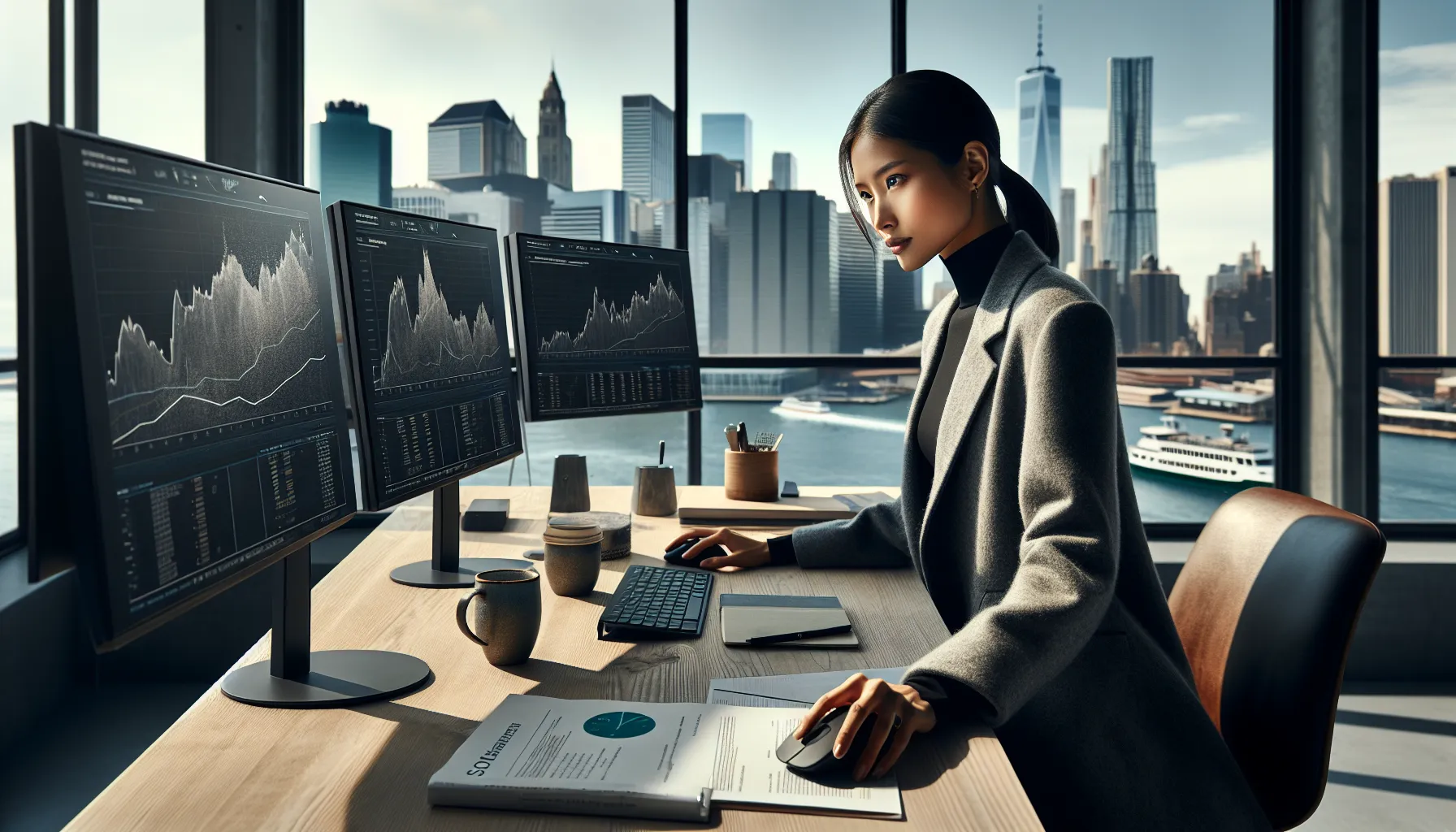 Norwegian analyst reviews esg risk-return charts in an oslo office with fjord view.