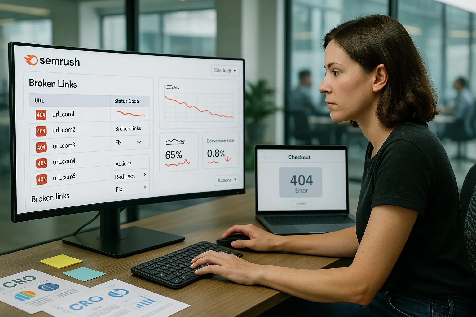 Marketer reviews Semrush broken link checker dashboard highlighting 404 errors and losses.