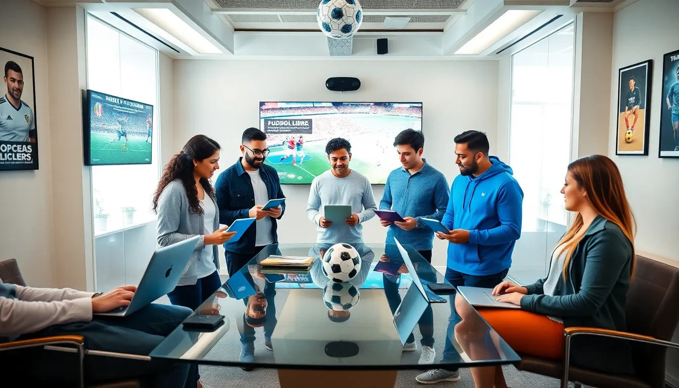 diverse group discussing soccer in a modern workspace.
