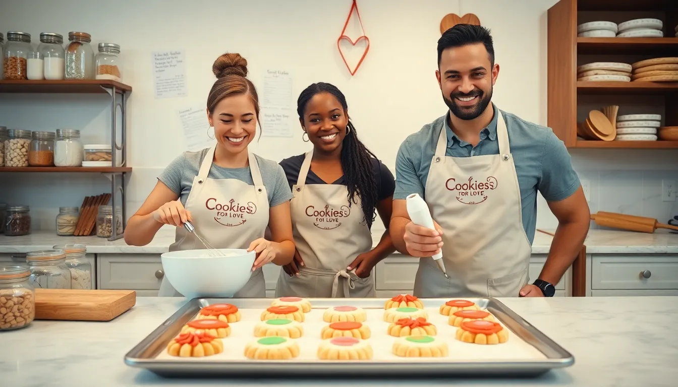 professionals joyfully baking cookies in a warm kitchen.