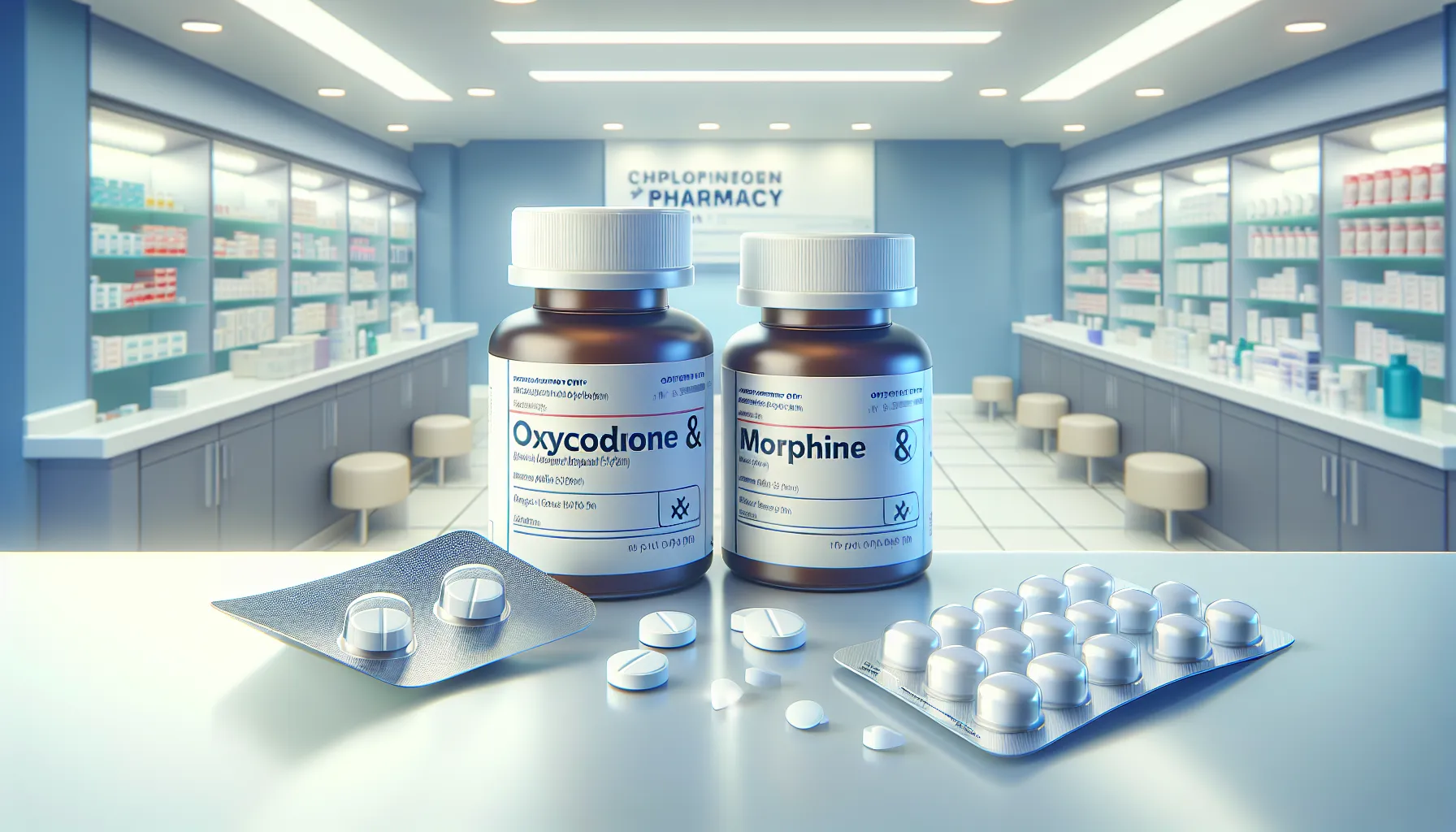 Two labeled prescription pill bottles and a blister pack on a counter.