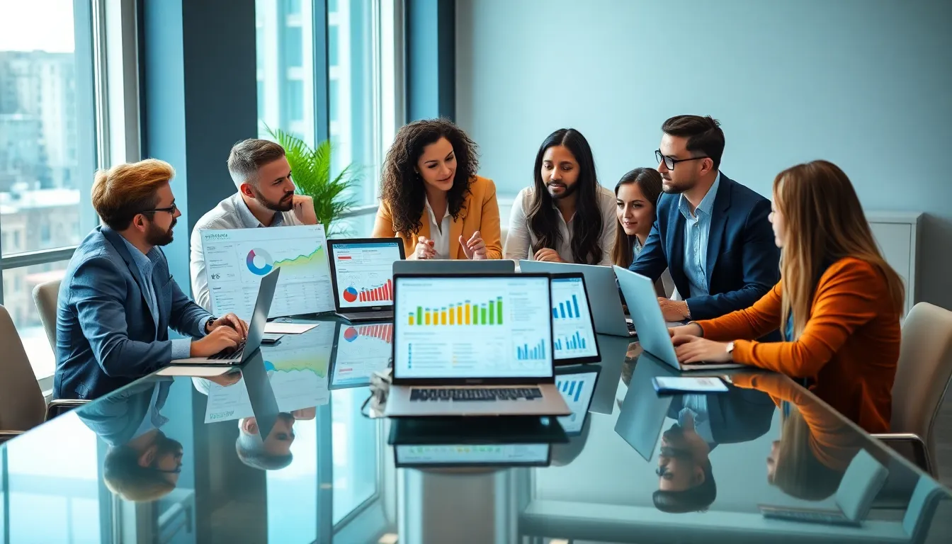 diverse team analyzing sales data in a modern office.